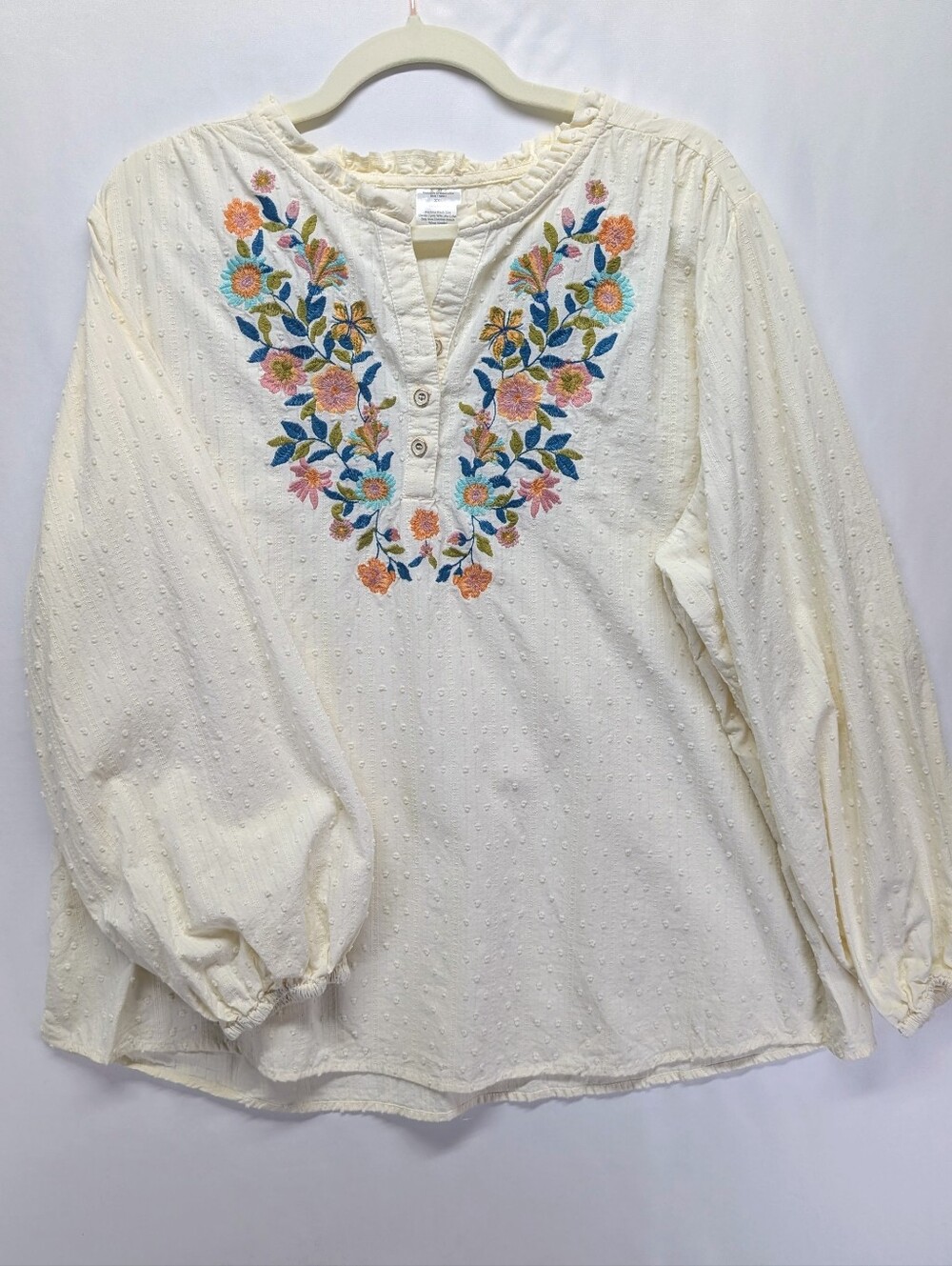 💯 Cotton Cream Peasant Top with Multicolor Floral Embroidery